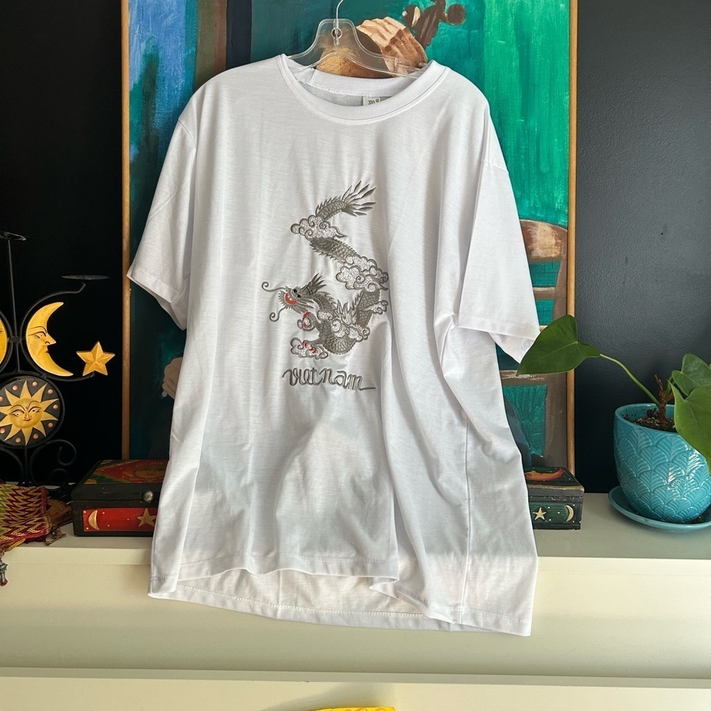 Vietnam Dragon Embroidered T-Shirt White Cotton Graphic Tee Men’s 3XL Travel - Picture 3 of 11